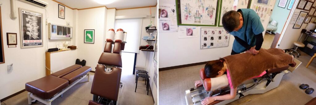 梅屋敷のグリーンPCTカイロプラクティックで行うドロップベッドを使った整体施術風景